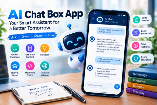 AI chat box app with smartphone, AI assistant, and productivity features